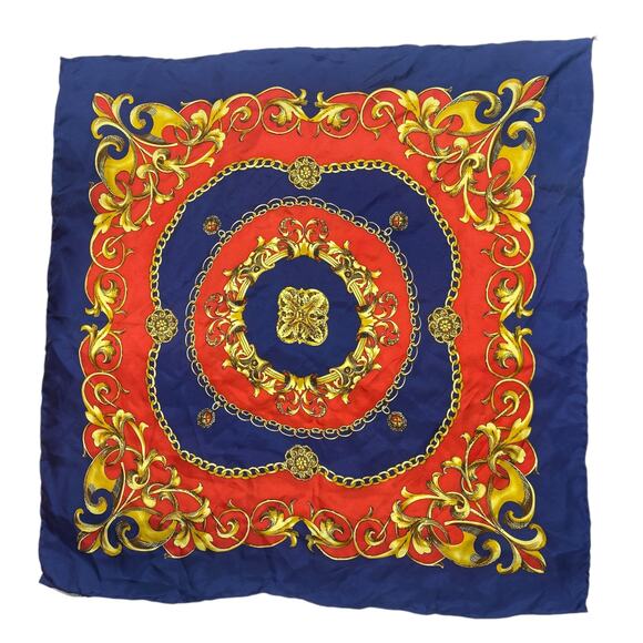 Codello Chain Printed Red Blue Gold Square Rolled Hem Scarf - Picture 1 of 7